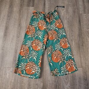 NWT Nicole Miller Women Elastic Belted Linen Hi-Rise Wide-Leg Pants SZ L Green